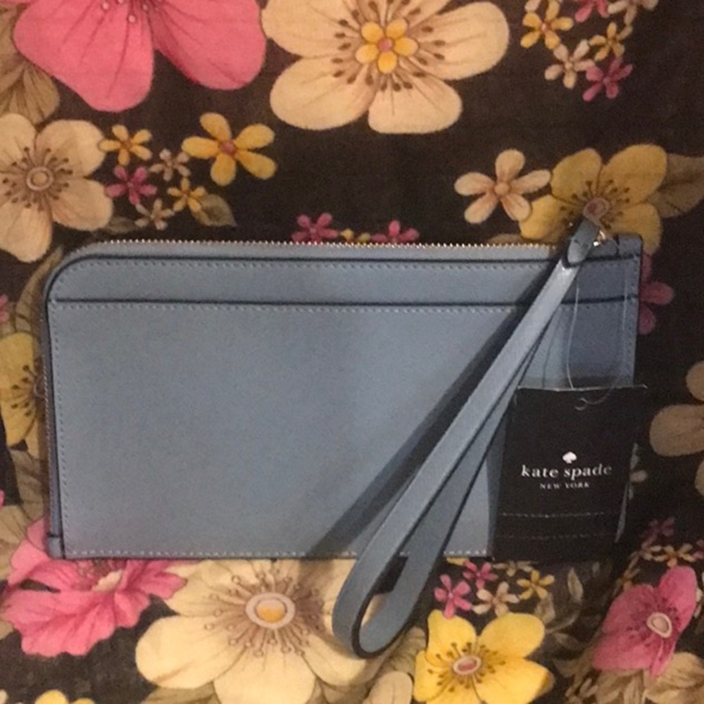 NWT Kate Spade Embroidered Floral Medium Wristlet NWT - Leather Slate Blue - Picture 7 of 13